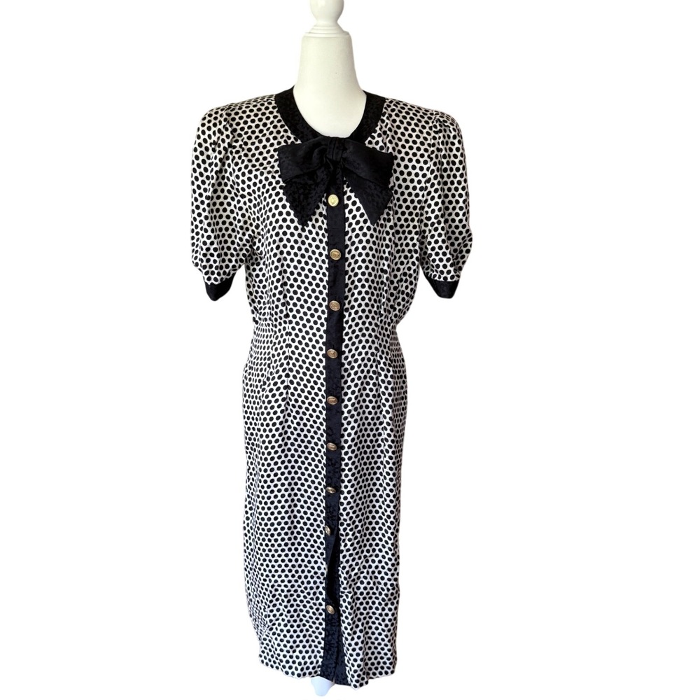 Vintage Adrianna Papell Silk‎ Polka Dot Bow Collar Midi Dress 80s 90s